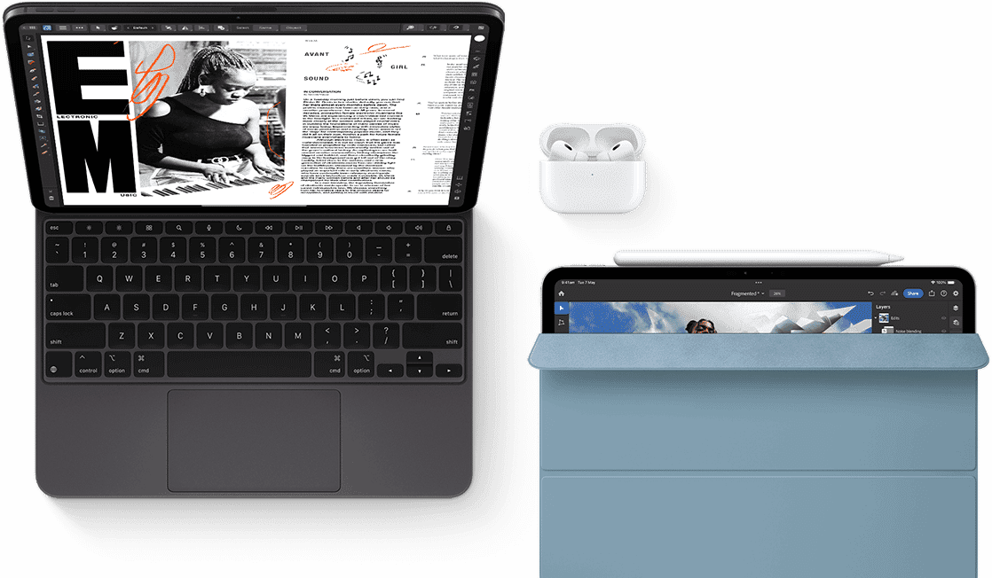 iPad Pro with Magic Keyboard, AirPods Pro. Another iPad with Apple Pencil and Smart Folio