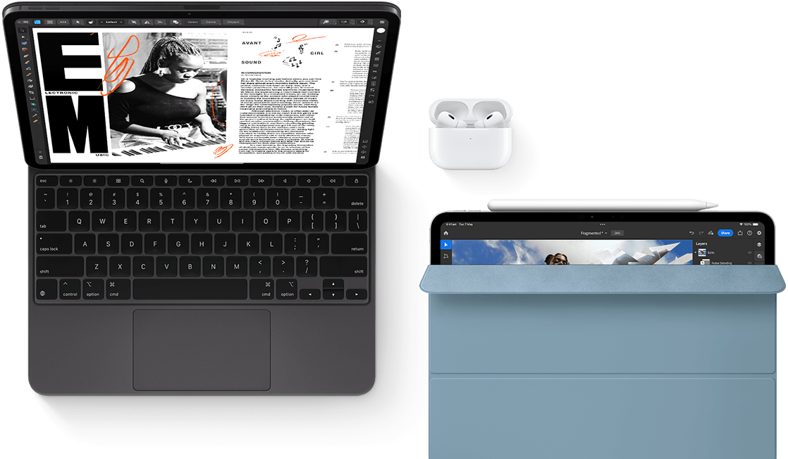 iPad Pro with Magic Keyboard, AirPods Pro. Another iPad with Apple Pencil and Smart Folio