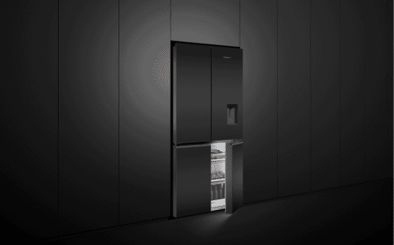 A black Fisher & Paykel fridge