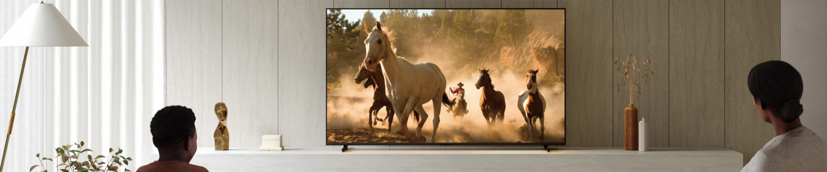 New Sony TV displayed in living room playing horses running in a field.