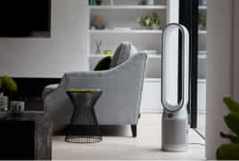 a Dyson purifier cools and purifies a living room.