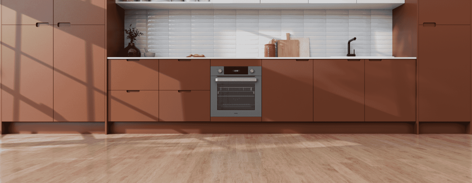 Haier mid-grey oven in a green kitchen