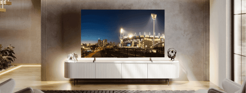 Hisense ULED Mini-LED TV showing the MCG Melbourne