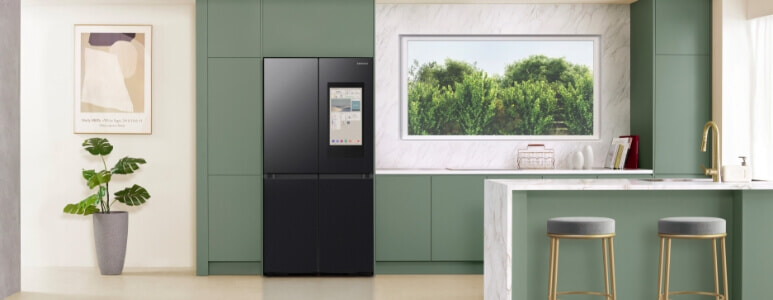 Samsung AI Family Hub in green kitchen.