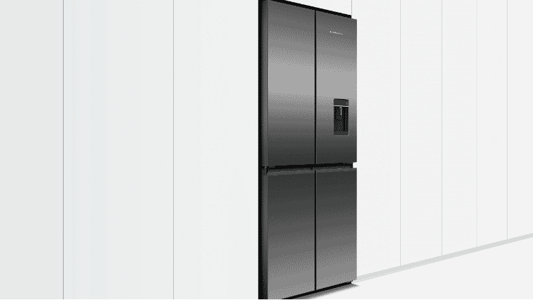 An angled product shot of the Fisher & Paykel Quad Door in a pristine white room.