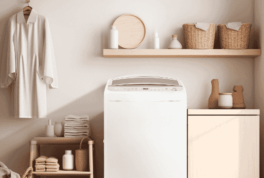 White LG Top Loader in stylish laundry.