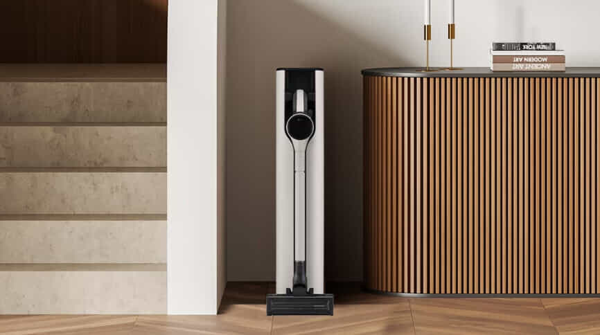 LG vacuum in charging station in modern living room