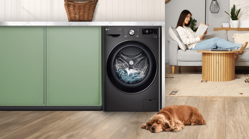 Lifestyle image of an LG front-load washing machine with Inverter Direct Drive Motor.