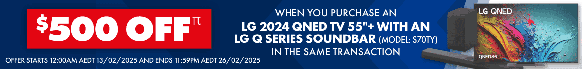 Bundle any 2024 QNED TV (55”+) with a Q Series Sound Bar (S70TY) & receive $500 Off the total purchase price