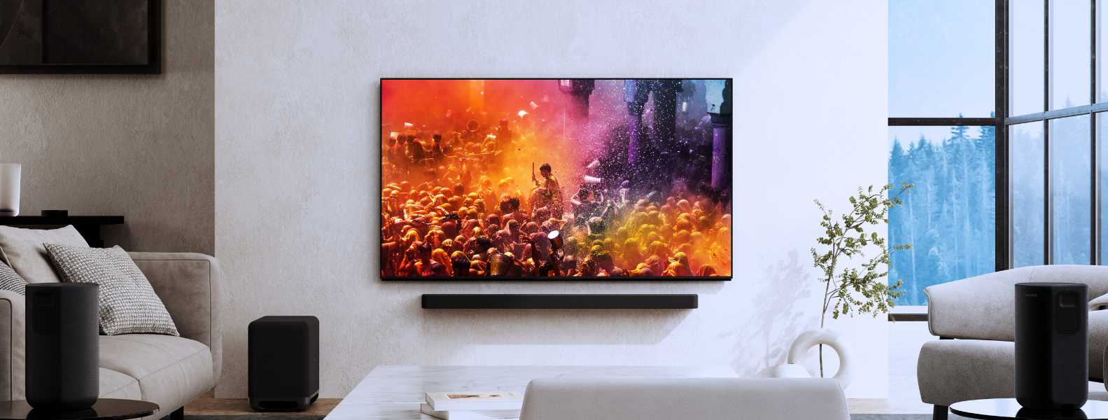 Image of the Sony BRAVIA 9 TV on a wall in a modern living room.