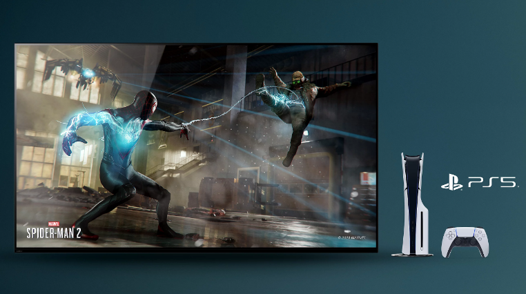 Image of Sony BRAVIA 9 TV displaying Spiderman PlayStation 5 Game.