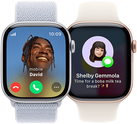 An incoming call on an Apple Watch Series 10 and an incoming text on another Apple Watch Series 10