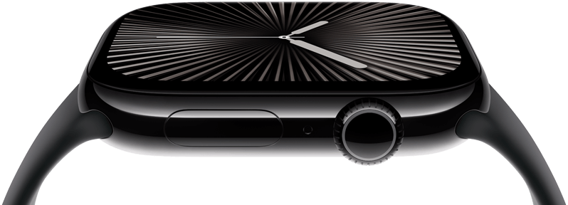 The screen and digital crown of an Apple Watch Series 10 seen from the side. The watch tilts sideways to show more of the screen