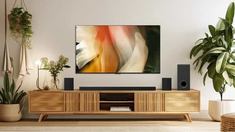 Stylish LG OLED TV in timbre living room.