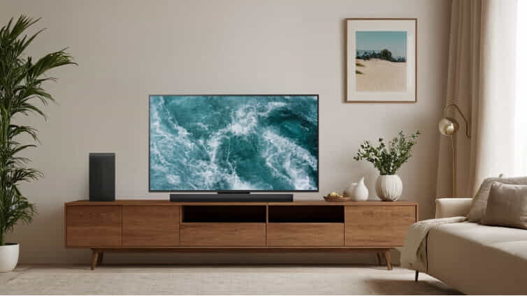 LG QNED TV with blue waves on screen.