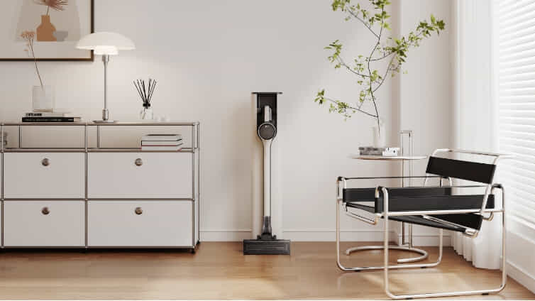 Far away shot of LG stick vacuum in all in one tower.