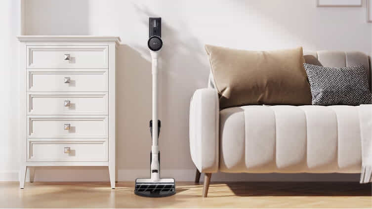 Shot of LG vacuum docked in stylish living room.
