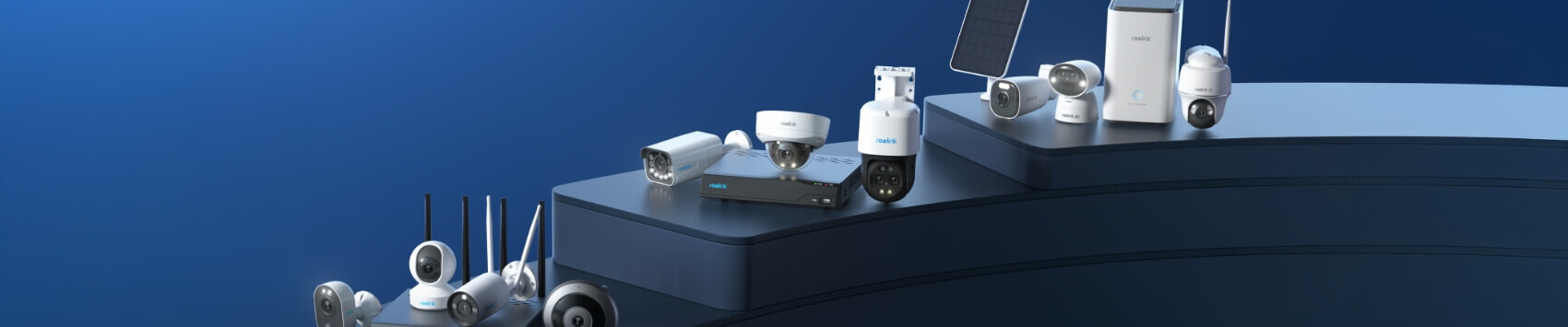 Family suite of Reolink Security Range on blue platform.