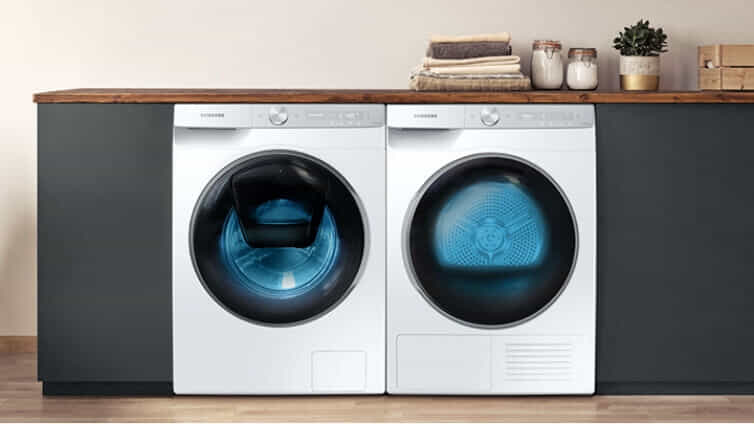 Samsung washer and dryer side by side in laundry.