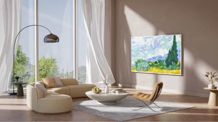 TCL artwork TV in room with window open.