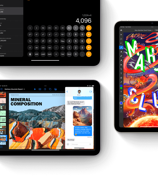 Three iPad mini displays showing iPadOS and apps features