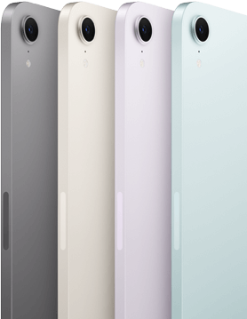 The back view and camera of four iPad mini models are shown in its available colours: Space Grey, Starlight, Purple and Blue