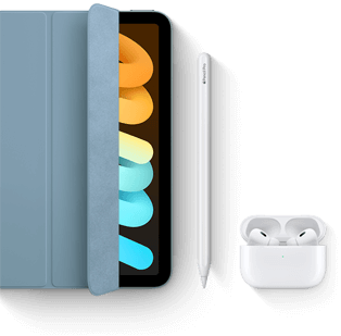 iPad mini is shown in use with Smart Folio, Apple Pencil Pro and AirPods Pro