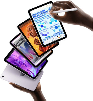 Five iPad mini models are shown in a fan formation held by a user's hands. One model shows the back camera, the other four are front facing. Apple Pencil Pro is being used to take notes