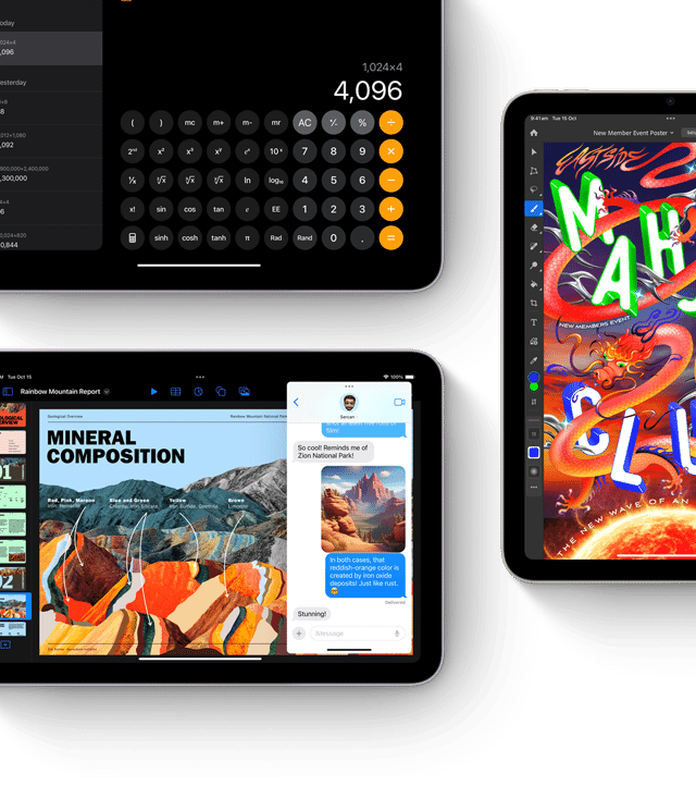 Three iPad mini displays showing iPadOS and apps features