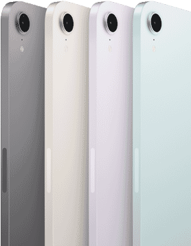 The back view and camera of four iPad mini models are shown in its available colours: Space Grey, Starlight, Purple and Blue