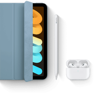 iPad mini is shown in use with Smart Folio, Apple Pencil Pro and AirPods Pro