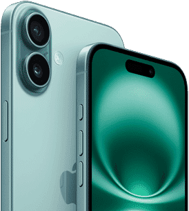 iPhone 16 Plus and iPhone 16, Action button, volume buttons, Side button, front exterior all-screen design, Dynamic Island centred near top, back exterior, Teal finish, raised Advanced dual-camera system in top left corner, Apple logo in centre