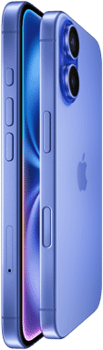 Two iPhone 16 devices, side exterior, stacked facing each other in Ultramarine finishes, volume buttons, Action button, Side button, Camera Control button, Apple logo in centre, raised Advanced dual-camera system