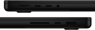 Showing the ports on MacBook Pro — left side: MagSafe, two Thunderbolt ports and headphone jack — right side: SDXC, one Thunderbolt port and HDMI