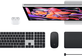 Mac accessories: Airpods, Studio Display, Magic Keyboard, Magic Mouse, Magic Trackpad, MagSafe charge cable in Space Black