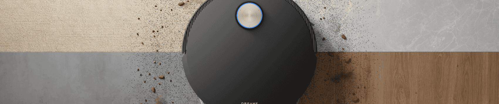 Close up image of the Dreame X50 Ultra Robot Vacuum cleaning dry pet food off of living room floor.