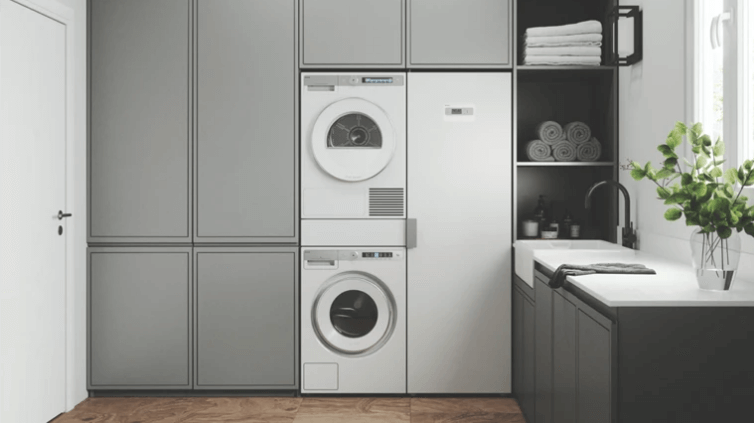 Asko laundry suite including heat pump dryer and drying cabinet.