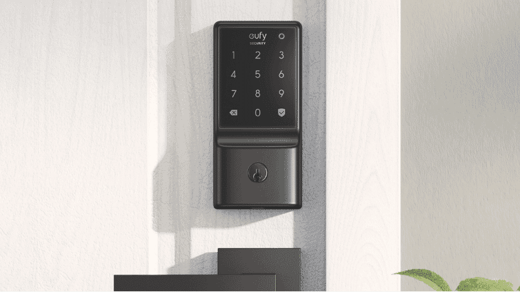 Image of a eufy Smart Door Lock installed above a door handle.