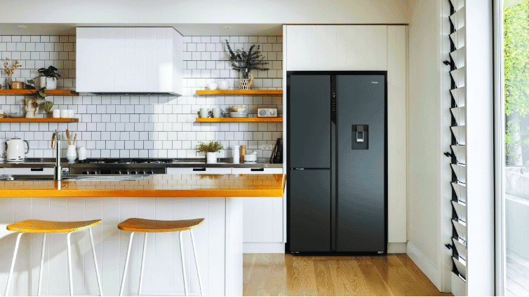 Haier Kitchen with Black Quad Door Fridge.