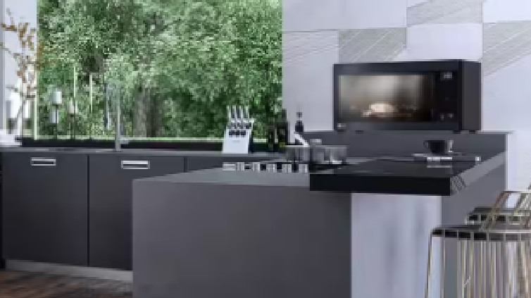 LG Black Microwave in stylish kitchen.