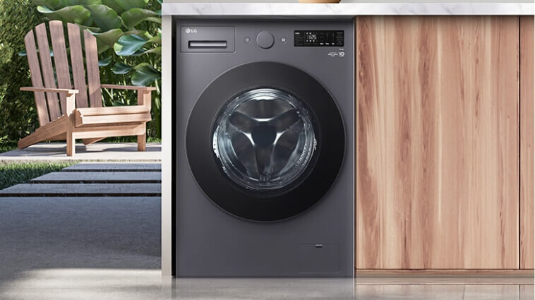 Front load LG Washing Machine in timbre laundry.