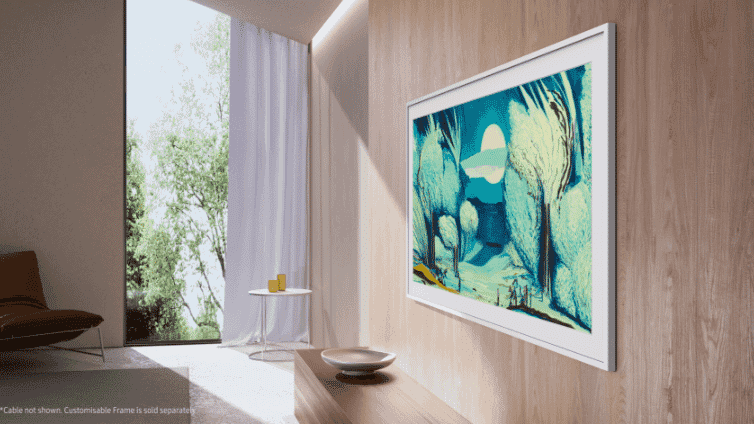 Side shot of Samsung lifestyle tv on wooden wall.