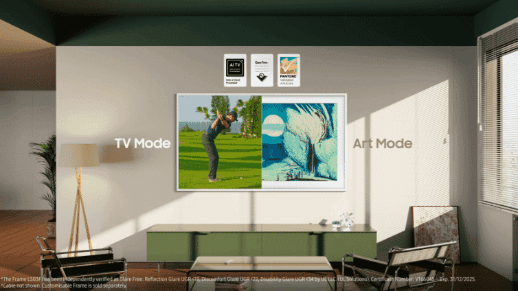 Half split of Samsung lifestyle tv with TV mode and art mode.