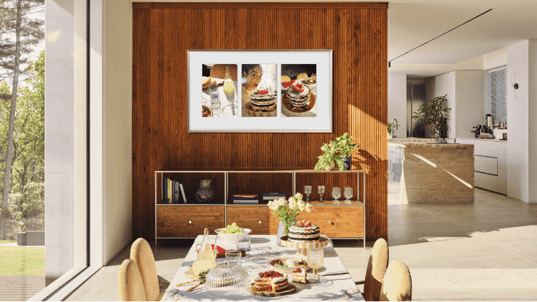 Style frame TV by Samsung on wall in dining room.