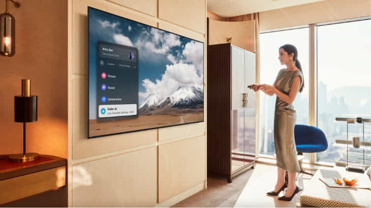 Woman using remote to change setting on Samsung OLED TV.