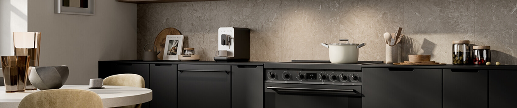 Chic Smeg kitchen including over, rangehood and cooktop.