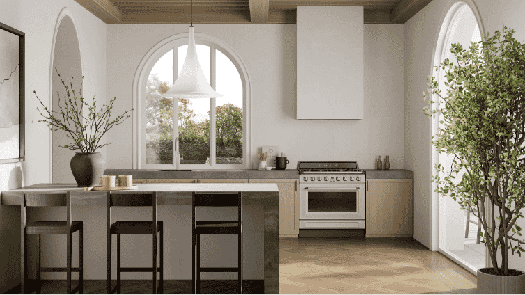 White smeg cooktop in stylish kitchen.