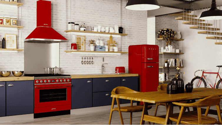 Red smeg Portofino range products including rangehood.