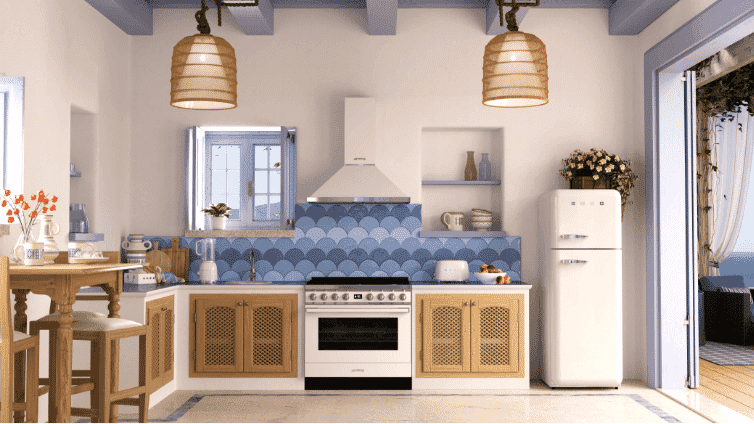 Stunning Smeg Portofino range is blue and white kitchen.