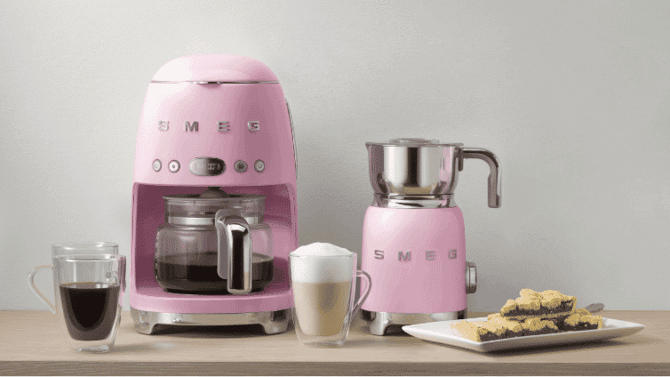 A smeg blue drip coffee machine in a modern home